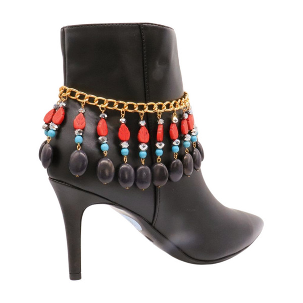 Brand New Women Gold Metal Boot Chain Bracelet Shoe Red Turquoise Beads Charm