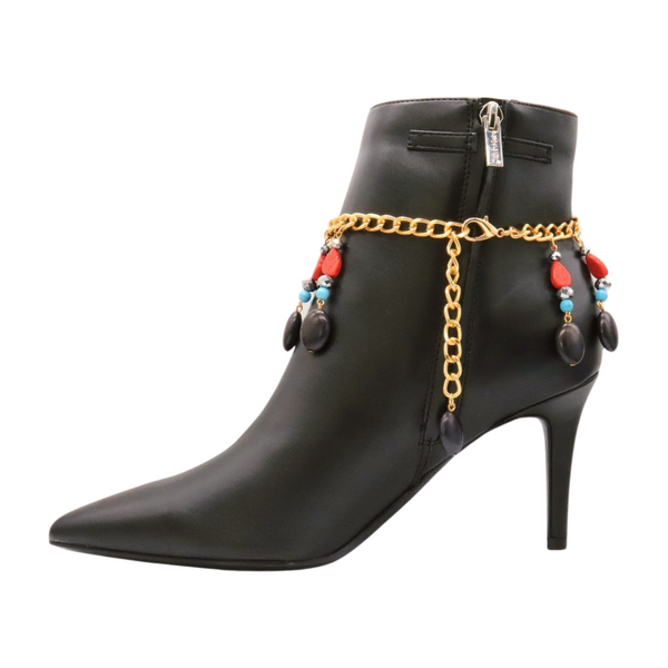Brand New Women Gold Metal Boot Chain Bracelet Shoe Red Turquoise Beads Charm