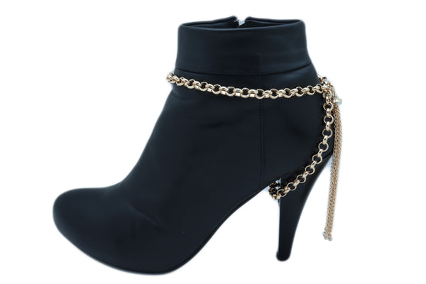 Women Gold Chain Boot Bracelet Western Shoe Anklet Back Tassel Fringes Charm Adjustable One Size