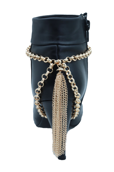 Women Gold Chain Boot Bracelet Western Shoe Anklet Back Tassel Fringes Charm Adjustable One Size