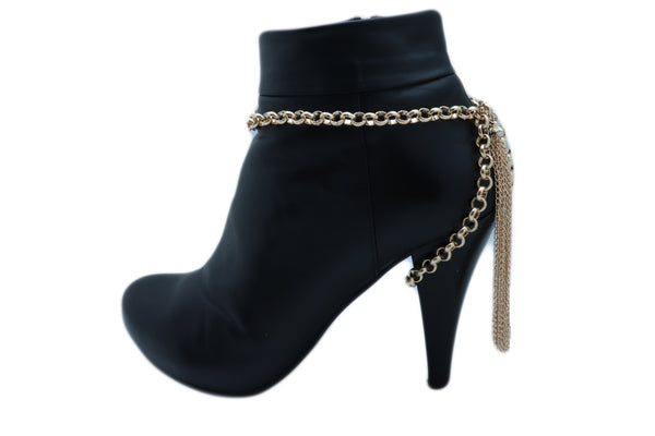 Women Gold Chain Boot Bracelet Western Shoe Anklet Back Tassel Fringes Charm Adjustable One Size