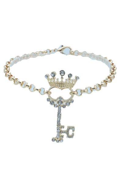Women Fashion Western Boot Gold Metal Chain Shoe Bracelet Bling Crown Key Charm Adjustable One Size