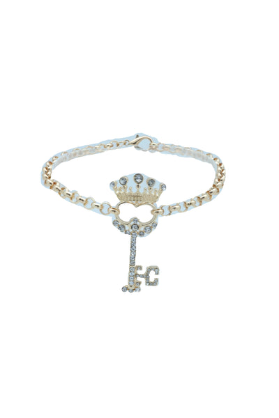 Women Fashion Western Boot Gold Metal Chain Shoe Bracelet Bling Crown Key Charm Adjustable One Size