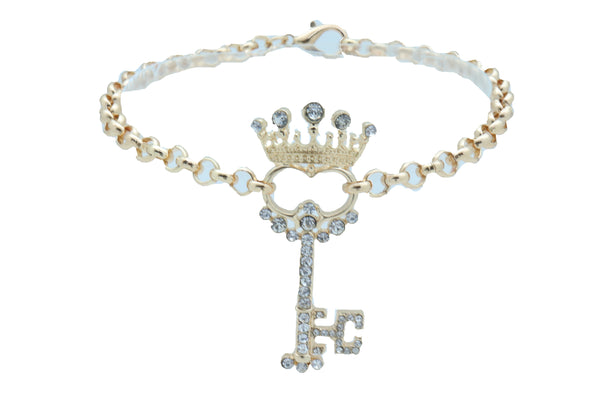 Women Fashion Western Boot Gold Metal Chain Shoe Bracelet Bling Crown Key Charm Adjustable One Size