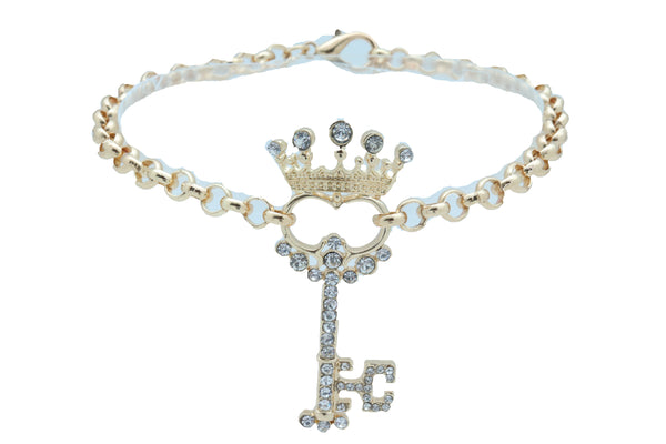 Women Fashion Western Boot Gold Metal Chain Shoe Bracelet Bling Crown Key Charm Adjustable One Size