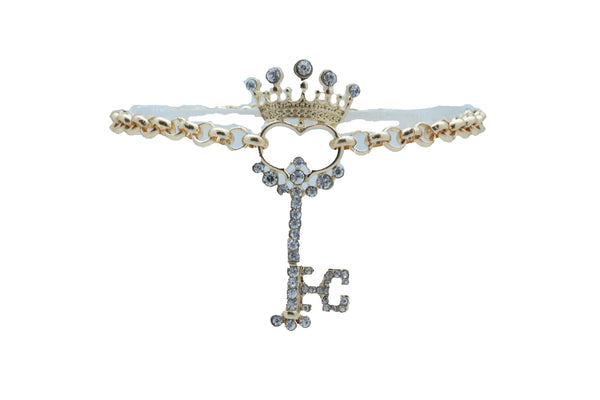 Women Fashion Western Boot Gold Metal Chain Shoe Bracelet Bling Crown Key Charm Adjustable One Size