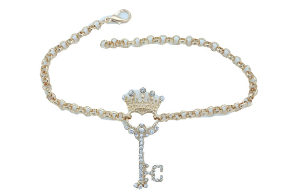Women Fashion Western Boot Gold Metal Chain Shoe Bracelet Bling Crown Key Charm Adjustable One Size