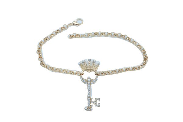 Women Fashion Western Boot Gold Metal Chain Shoe Bracelet Bling Crown Key Charm Adjustable One Size