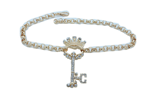 Women Fashion Western Boot Gold Metal Chain Shoe Bracelet Bling Crown Key Charm Adjustable One Size