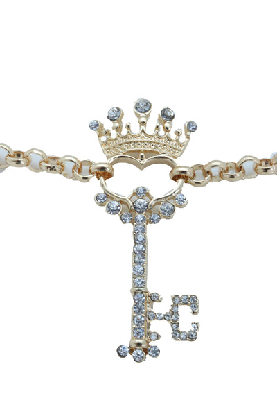 Women Fashion Western Boot Gold Metal Chain Shoe Bracelet Bling Crown Key Charm Adjustable One Size