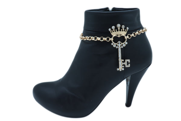 Women Fashion Western Boot Gold Metal Chain Shoe Bracelet Bling Crown Key Charm Adjustable One Size