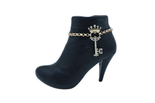 Women Fashion Western Boot Gold Metal Chain Shoe Bracelet Bling Crown Key Charm Adjustable One Size
