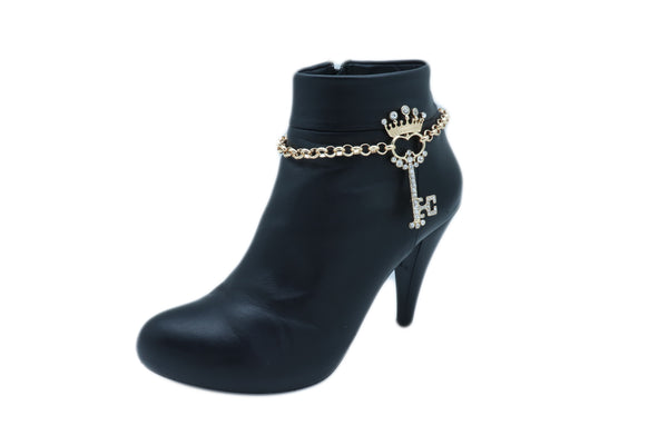 Women Fashion Western Boot Gold Metal Chain Shoe Bracelet Bling Crown Key Charm Adjustable One Size
