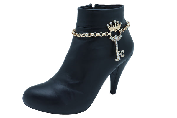 Women Fashion Western Boot Gold Metal Chain Shoe Bracelet Bling Crown Key Charm Adjustable One Size