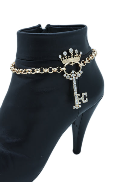 Women Fashion Western Boot Gold Metal Chain Shoe Bracelet Bling Crown Key Charm Adjustable One Size