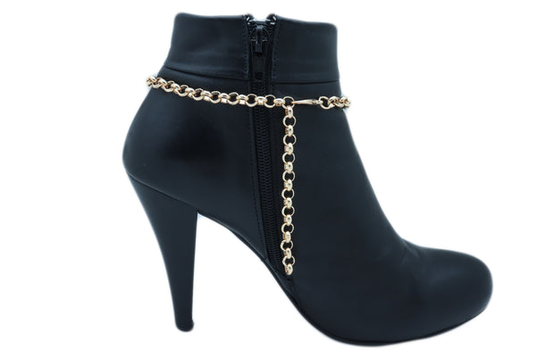 Women Fashion Western Boot Gold Metal Chain Shoe Bracelet Bling Crown Key Charm Adjustable One Size