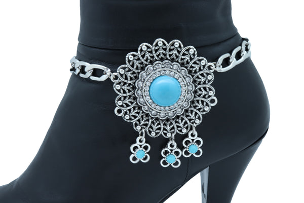 Brand New Women Silver Metal Boot Chain Bracelet Shoe Anklet Turquoise Blue Flower Charm
