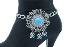 Silver Metal Boot Chain Bracelet Shoe Anklet Turquoise Blue Flower Charm