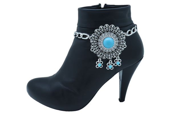 Women Silver Metal Boot Chain Bracelet Shoe Anklet Turquoise Blue Flower Charm Adjustable One Size