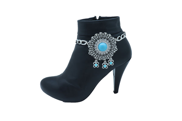 Brand New Women Silver Metal Boot Chain Bracelet Shoe Anklet Turquoise Blue Flower Charm