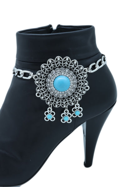 Brand New Women Silver Metal Boot Chain Bracelet Shoe Anklet Turquoise Blue Flower Charm