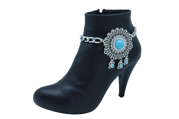 Brand New Women Silver Metal Boot Chain Bracelet Shoe Anklet Turquoise Blue Flower Charm