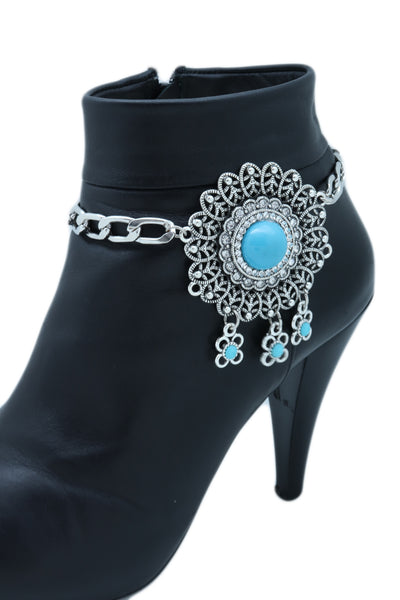 Brand New Women Silver Metal Boot Chain Bracelet Shoe Anklet Turquoise Blue Flower Charm