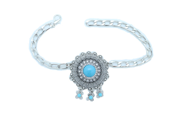 Brand New Women Silver Metal Boot Chain Bracelet Shoe Anklet Turquoise Blue Flower Charm