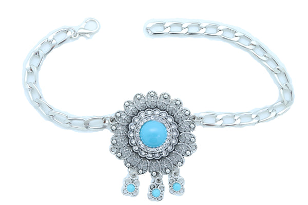 Brand New Women Silver Metal Boot Chain Bracelet Shoe Anklet Turquoise Blue Flower Charm
