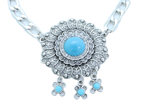 Brand New Women Silver Metal Boot Chain Bracelet Shoe Anklet Turquoise Blue Flower Charm