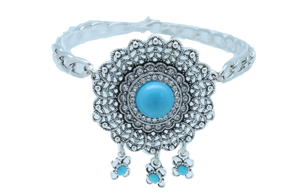 Brand New Women Silver Metal Boot Chain Bracelet Shoe Anklet Turquoise Blue Flower Charm
