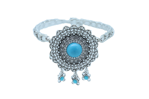 Brand New Women Silver Metal Boot Chain Bracelet Shoe Anklet Turquoise Blue Flower Charm
