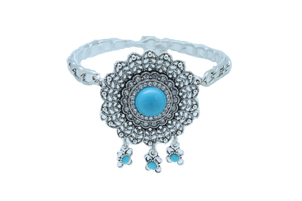 Women Silver Metal Boot Chain Bracelet Shoe Anklet Turquoise Blue Flower Charm Adjustable One Size