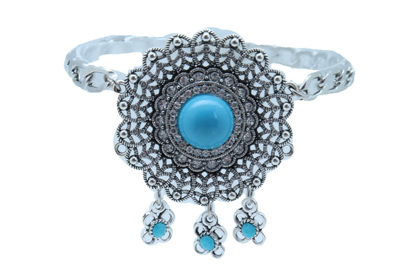 Brand New Women Silver Metal Boot Chain Bracelet Shoe Anklet Turquoise Blue Flower Charm