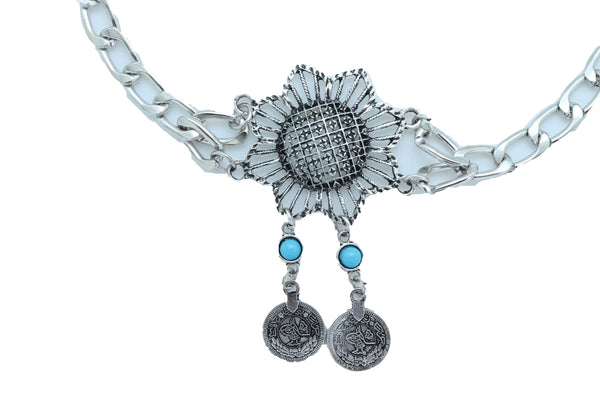 Women Silver Metal Chain Boot Bracelet Anklet Shoe Sun Flower Coin Charm Jewelry Adjustable One Size