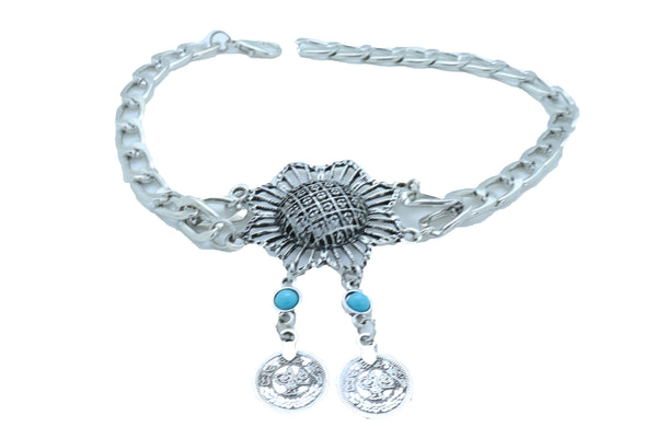 Women Silver Metal Chain Boot Bracelet Anklet Shoe Sun Flower Coin Charm Jewelry Adjustable One Size