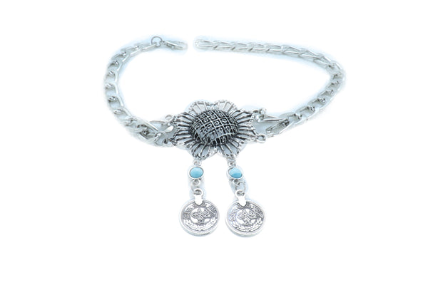 Women Silver Metal Chain Boot Bracelet Anklet Shoe Sun Flower Coin Charm Jewelry Adjustable One Size