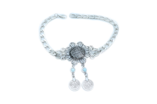 Women Silver Metal Chain Boot Bracelet Anklet Shoe Sun Flower Coin Charm Jewelry Adjustable One Size