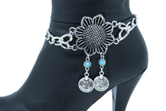 Silver Metal Chain Boot Bracelet Anklet Shoe Sun Flower Coin Charm Jewelry