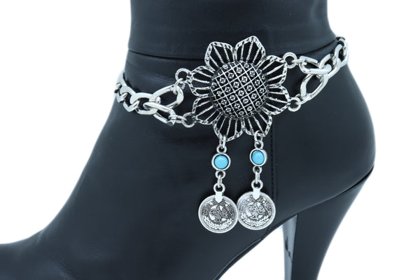 Women Silver Metal Chain Boot Bracelet Anklet Shoe Sun Flower Coin Charm Jewelry Adjustable One Size