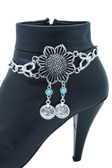 Women Silver Metal Chain Boot Bracelet Anklet Shoe Sun Flower Coin Charm Jewelry Adjustable One Size