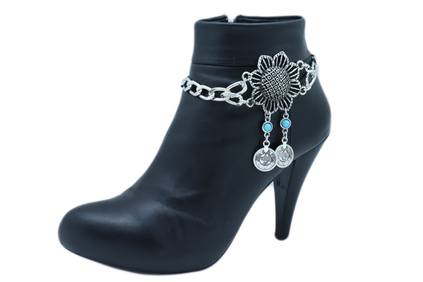 Women Silver Metal Chain Boot Bracelet Anklet Shoe Sun Flower Coin Charm Jewelry Adjustable One Size
