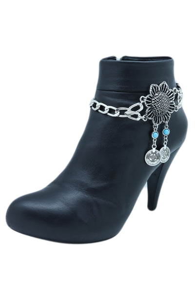 Women Silver Metal Chain Boot Bracelet Anklet Shoe Sun Flower Coin Charm Jewelry Adjustable One Size
