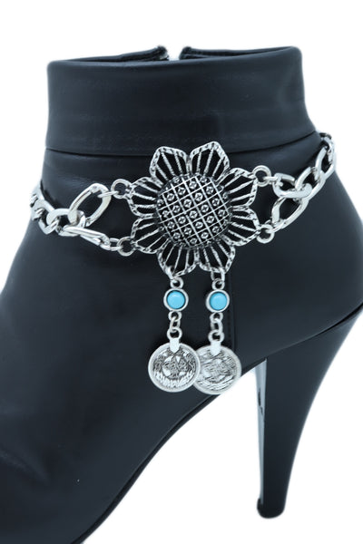 Women Silver Metal Chain Boot Bracelet Anklet Shoe Sun Flower Coin Charm Jewelry Adjustable One Size