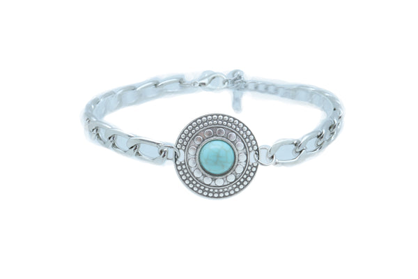 Women Silver Metal Chain Boot Bracelet Shoe Medallion Charm Turquoise Blue Bead Adjustable Size Band