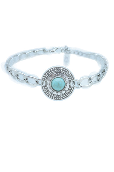 Women Silver Metal Chain Boot Bracelet Shoe Medallion Charm Turquoise Blue Bead Adjustable Size Band