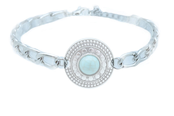 Women Silver Metal Chain Boot Bracelet Shoe Medallion Charm Turquoise Blue Bead Adjustable Size Band