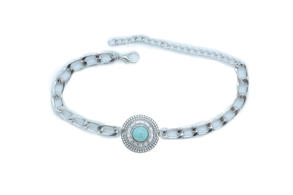 Women Silver Metal Chain Boot Bracelet Shoe Medallion Charm Turquoise Blue Bead Adjustable Size Band