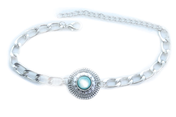 Women Silver Metal Chain Boot Bracelet Shoe Medallion Charm Turquoise Blue Bead Adjustable Size Band