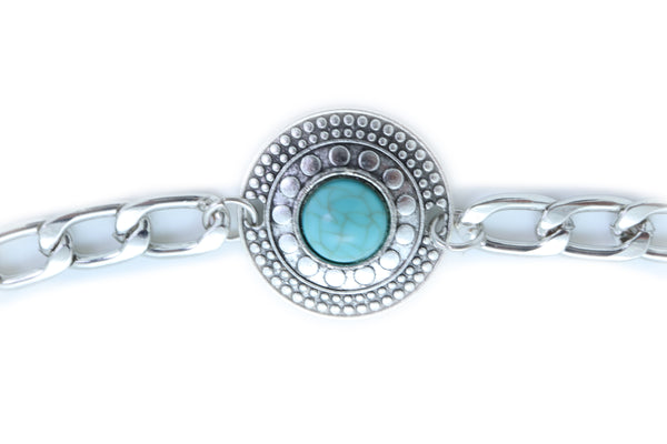 Women Silver Metal Chain Boot Bracelet Shoe Medallion Charm Turquoise Blue Bead Adjustable Size Band